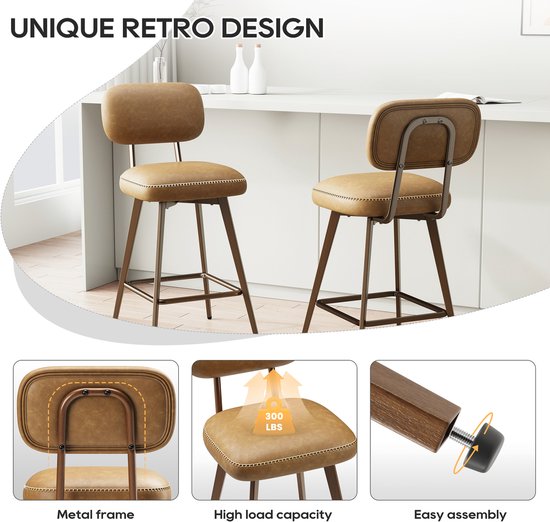 Set van twee bruine barkrukken met metalen frame, lage rugleuning en stiksels. "Unique Retro Design" tekst.