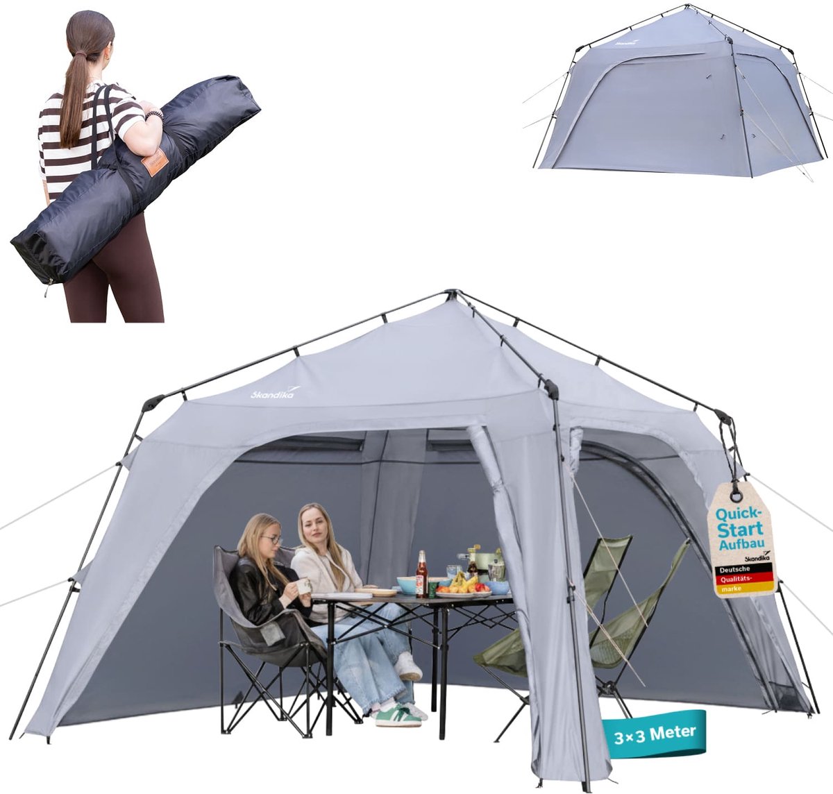 Skandika paviljoen Inari 300 Quick-Start - Camping woon­tent met geïntegreerde zijwanden, 3x3 m, snel op te zetten, stahoogte 2,1 m | buitentent, voortent, partytent, zonwering, windscherm
