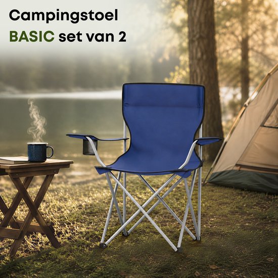 Blauwe ACAZA BASIC campingstoel voor 2 personen bij een tent, met mok koffie op een tafeltje.