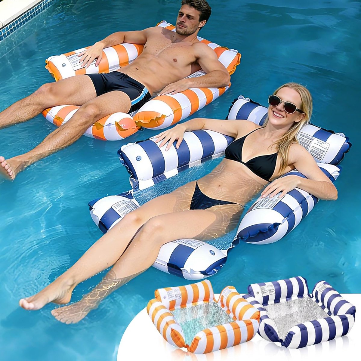 Waterhangmatten voor zwembad - 4-in-1 opblaasbaar luchtmatras, zwembad met net, inklapbare waterligstoel voor volwassenen en kinderen, zwembadaccessoires voor zomer, meer, strand