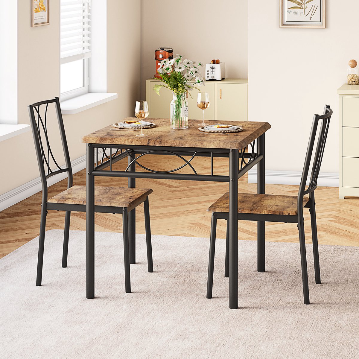 Eettafel Set - 74x74x76cm - Vierkante Tafel met 2 MDF-Stoelen - Voor 2 Personen - Geschikt voor Woonkamer Eetkamer of Appartement - Bruin – foto 2