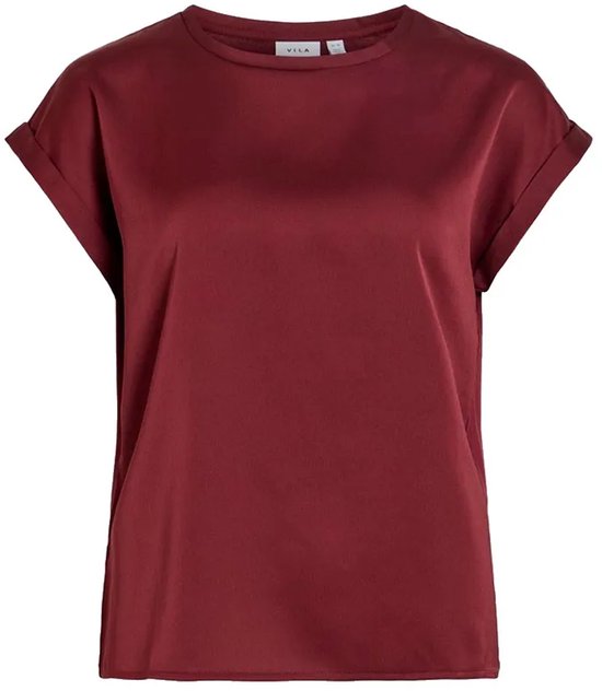 Bordeauxrode satijnen VILA t-shirt met opgerolde korte mouwen.