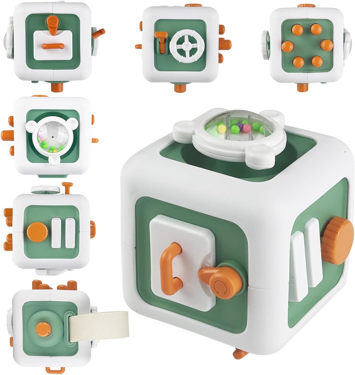Drukkubus Speelgoed - Baby Activiteit - Motoriek Ontwikkeling - 6-in-1 Interactief - 11x11x10 cm - Groen