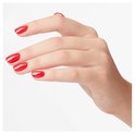 Hand met rode nagellak die elegant naar links wijst.