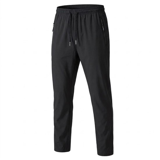 Zwarte sportbroek met trekkoord en ritssluitingen.