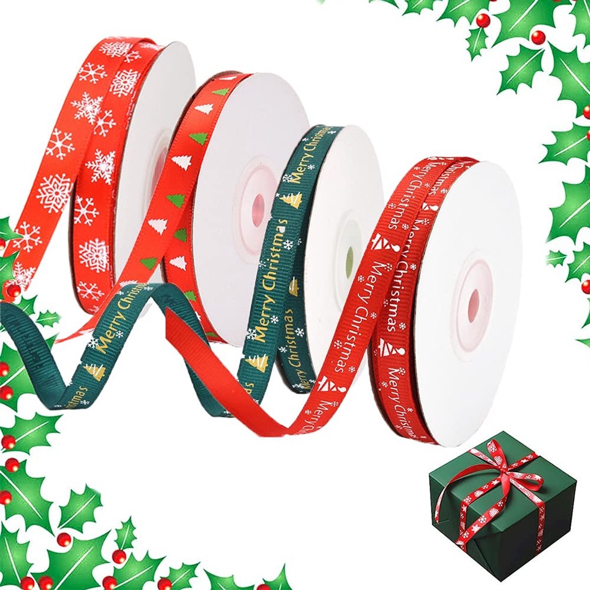 Dailygoods - 4 Rollen Kerstlinten - 10 mm Cadeaulint voor Decoratie en Geschenkverpakking