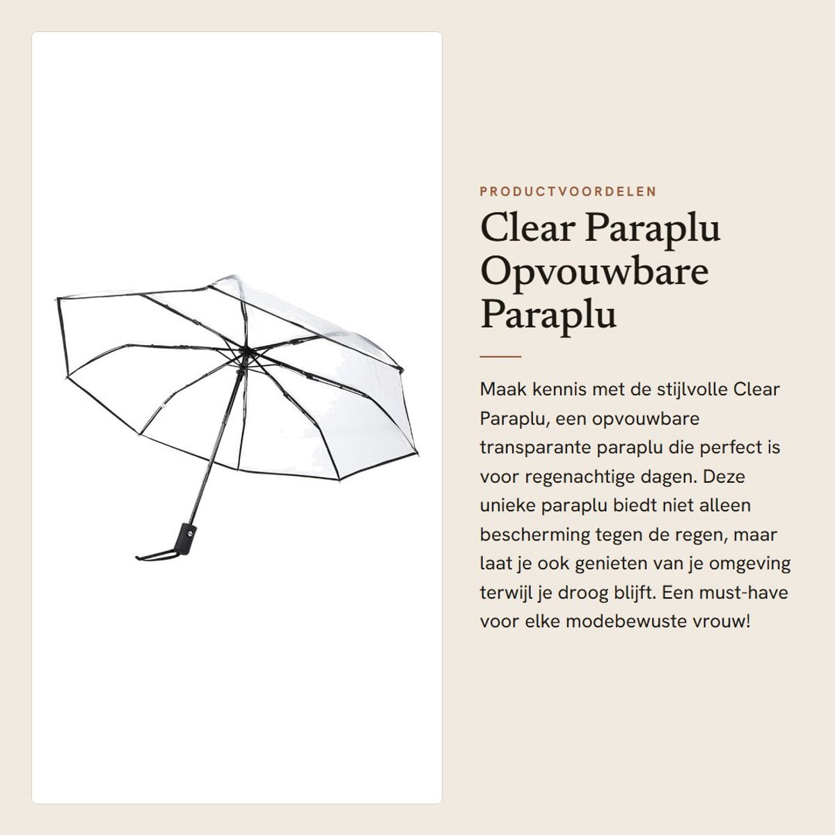 Dailygoods- Paraplu Transparant - Opvouwbaar - Draagbaar - Stormparaplu - Geschikt voor Reizen - Hoogwaardige Materialen - Regenbescherming