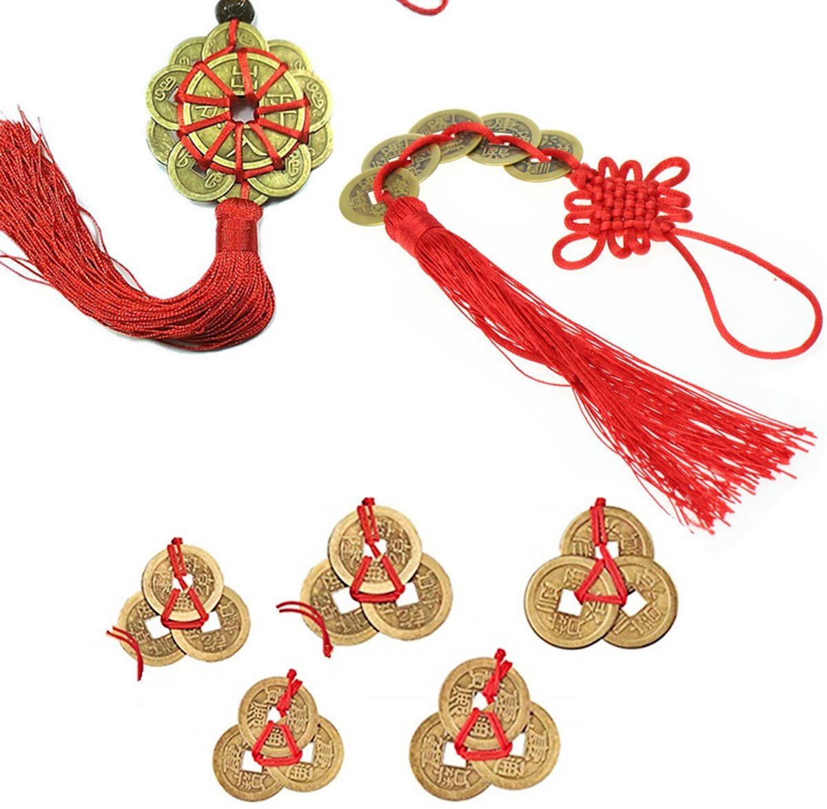 Dailygoods- Geluksmunt Authentieke Replica - Feng Shui Munten - Geluksbrenger - Woondecoratie - Rood Koord - Set van 5 Munten