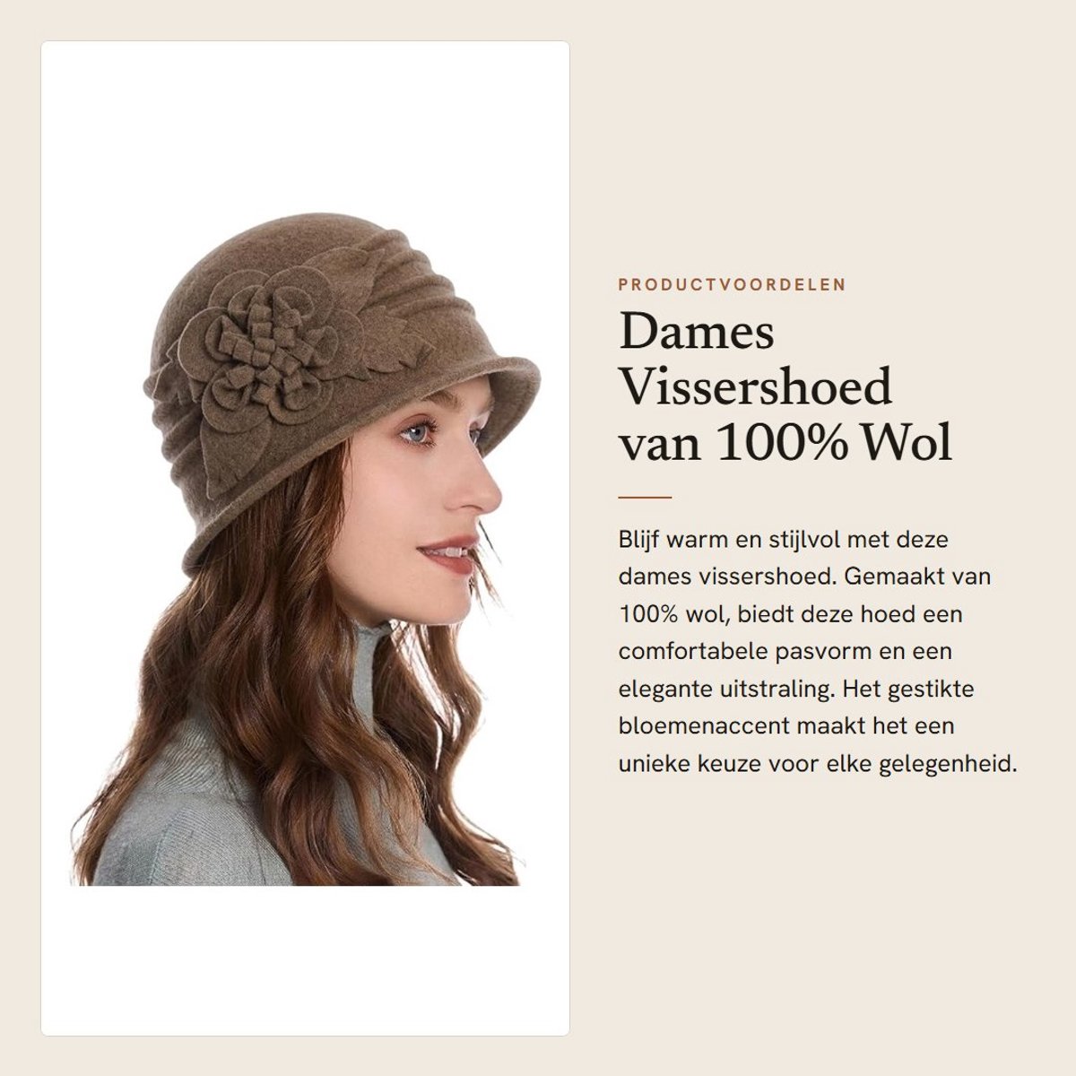 Dailygoods- Vissershoed 100% Wol - Vissershoed Dames - Vintage Hoed - Warme Muts - Elegant Bloemenaccent - Duurzaam en Klitvrij