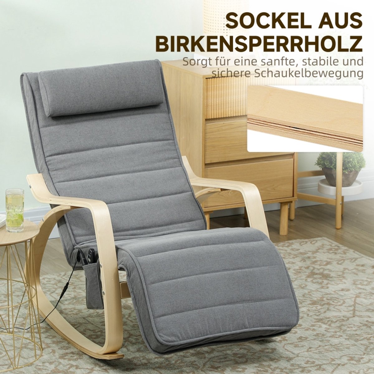Schommelstoel - Relaxfauteuil Met Massage En Lendenverwarming - Verstelbare Voetensteun - Voor Woonkamer En Leeshoek - Stof Grijs – foto 3