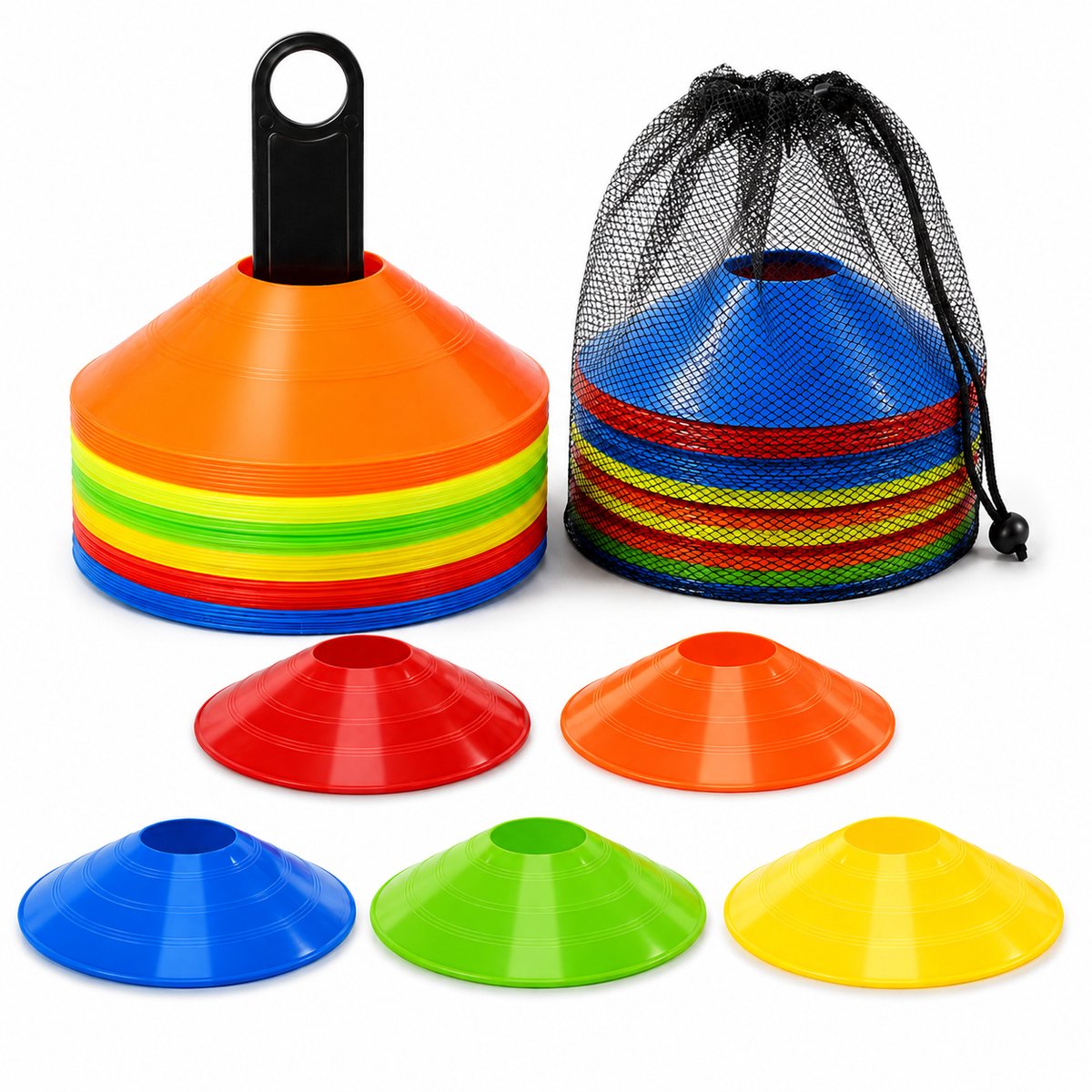 Gloovon® - Trainingshoedjes - 50 Stuks - Voetbal Hoedjes - Pionnen - Markeerschijven - Met tas & houder