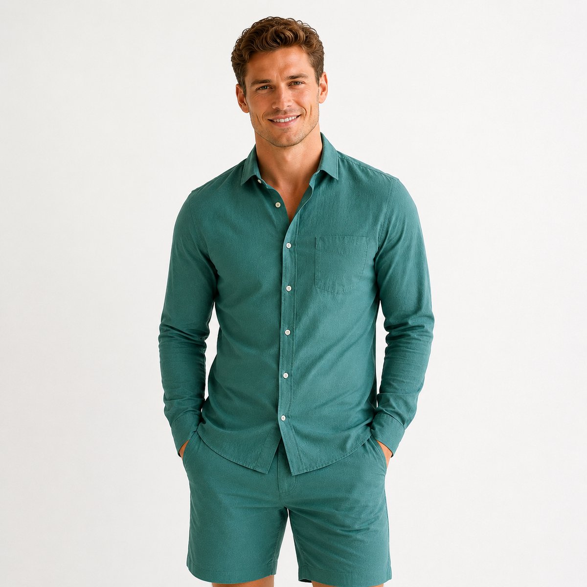 Heren Kleding Set Zomer Groen - Linnen Blouse en korte Broek