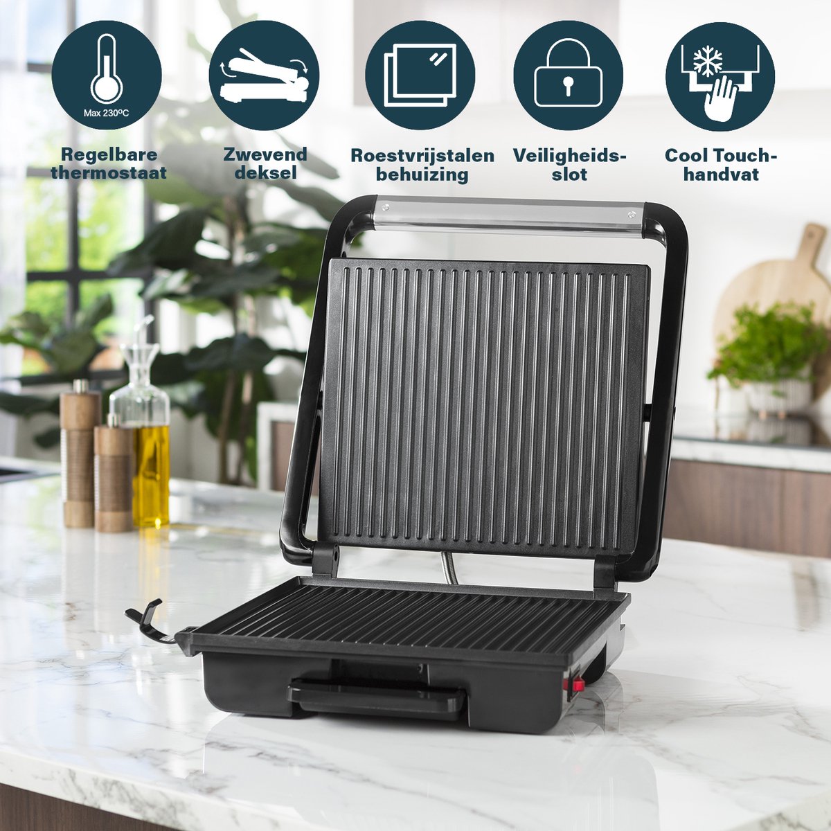 Princess Panini Grill Pro 112425 – Contactgrill groot 30 x 27cm - Tosti apparaat - Grill apparaat - Zwevend bovendeksel – Regelbare thermostaat - 2000W thumbnail 2