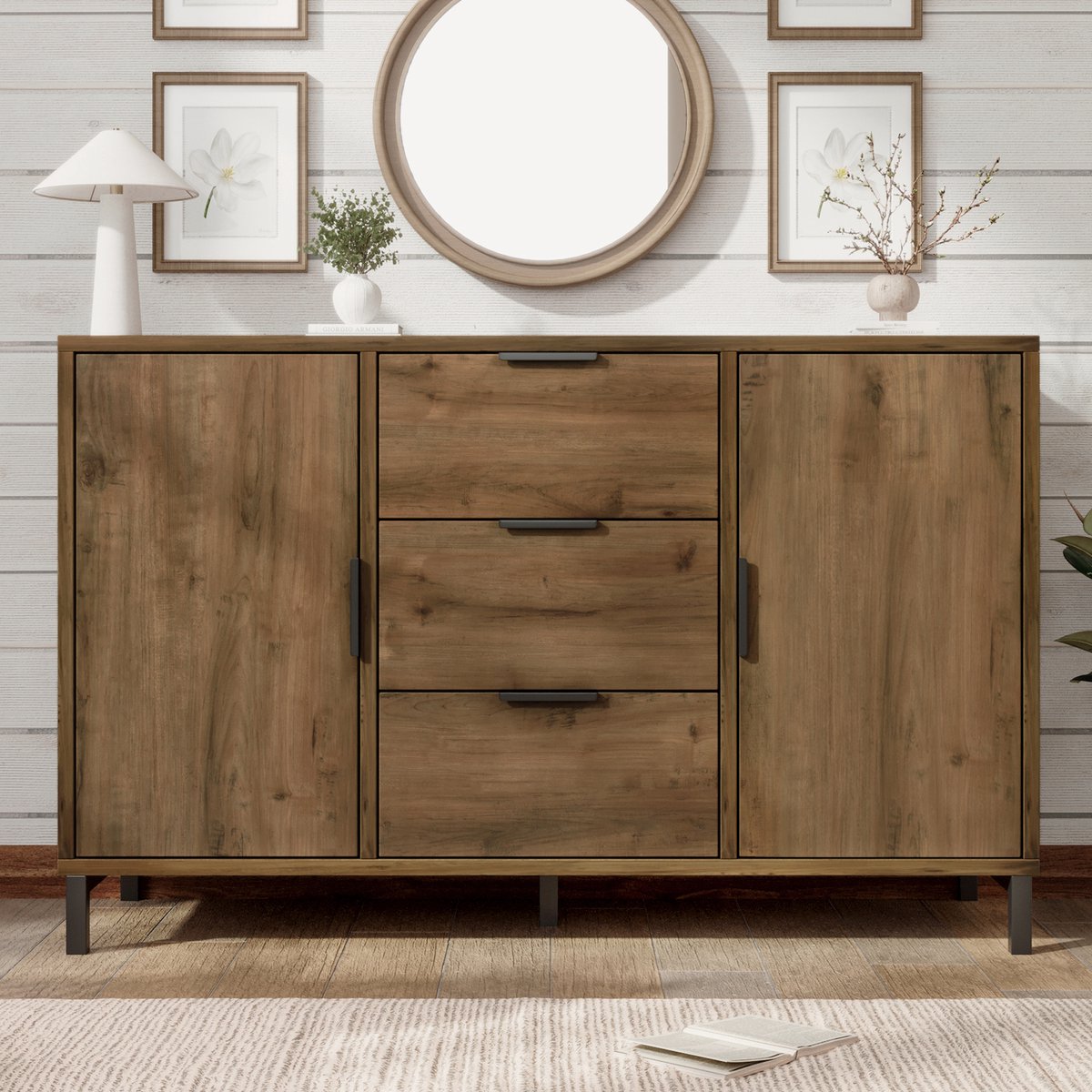 Houten ladekast - Opbergkast in landelijke stijl - Dubbele deuren, drie lades - Kan gebruikt worden als keukenkast of dressoir - Met verstelbare planken - Geschikt voor slaapkamers en woonkamers - Donker eiken - 120 x 40 x 76 cm