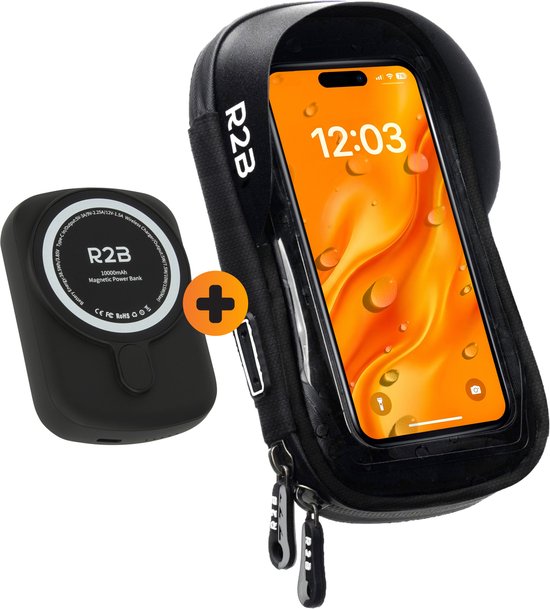 R2B Telefoonhouder Fiets Waterdicht + Powerbank 10.000 mAh - 2 tot 4 keer opladen - Geschikt voor Magsafe - Powerbanks - Gsm Houder Fiets - Fietshouder - Power Bank - Fiets Telefoonhouder - Phone Holder Bike