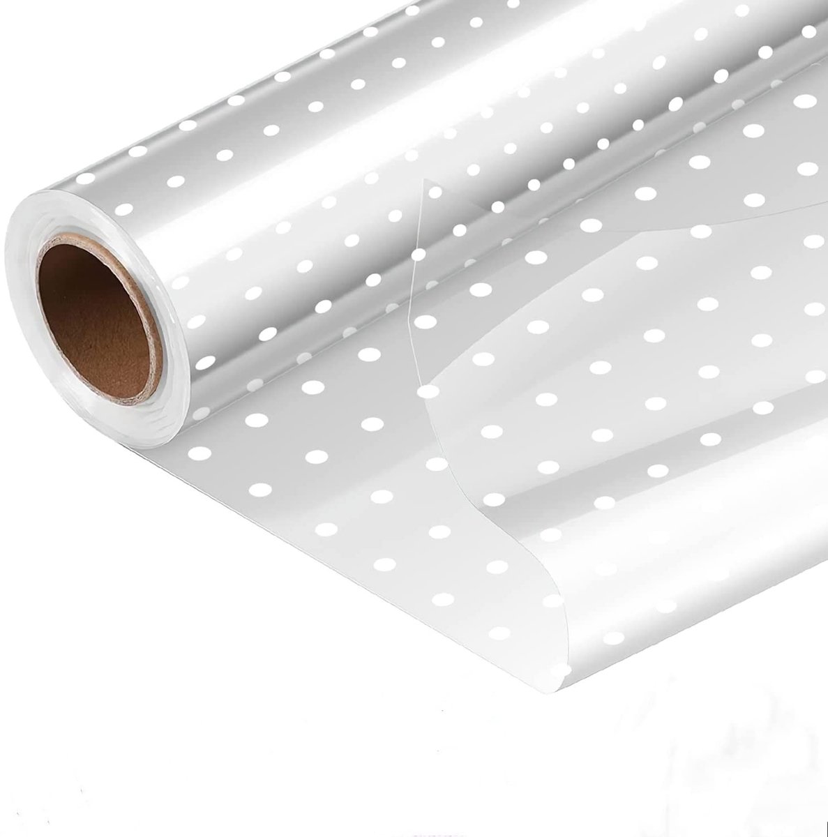 Dailygoods - YSTrillion Rol cellofaan cadeaupapier, witte stippen, transparant, cellofaanrol, rol voor geschenkmanden, bloemisten, snack, boeket, fruit, kunst, feest