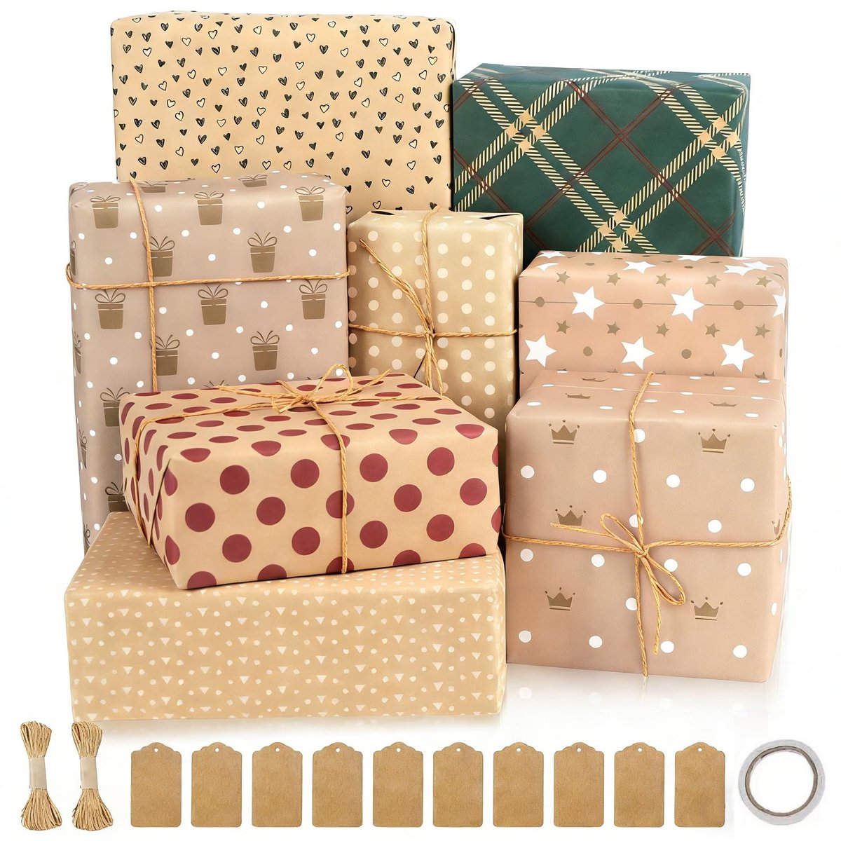 Dailygoods- Cadeaupapier Set - 8 Vellen Inpakpapier met 8 Ontwerpen - Cadeaulabels - Papierkoord - Dubbelzijdig Tape - Hoogwaardige Kwaliteit