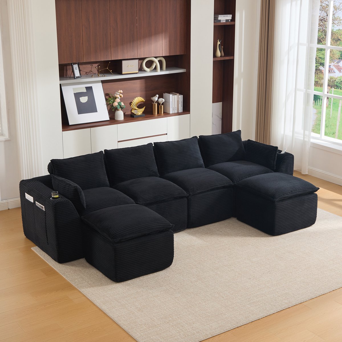 MIVRAY Modulaire Hoekbank 322 x 161 cm - Vrij Combineerbaar Met Zijvakken En Kussens - Voor Woonkamer En Kantoor - Cord Zwart