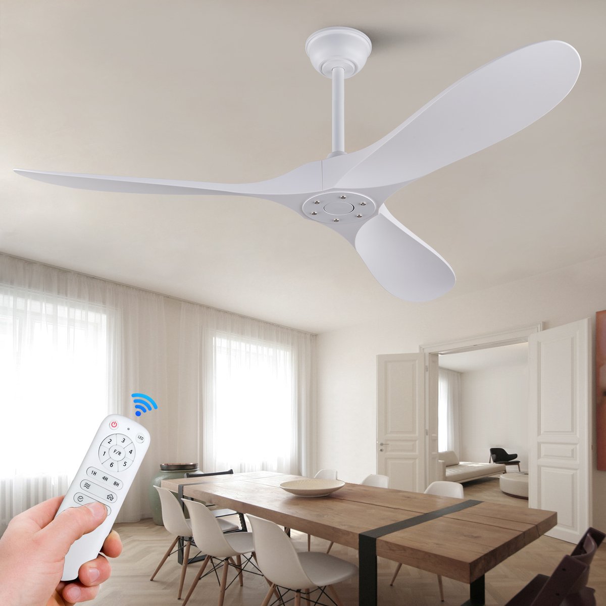 KOMHTOM 60-inch witte plafondventilator zonder verlichting met afstandsbediening, ABS-vleugels, omkeerbare DC-motor, timerfunctie, moderne plafondventilator voor binnen en buiten, geschikt voor slaapkamers, woonkamers, terrassen en