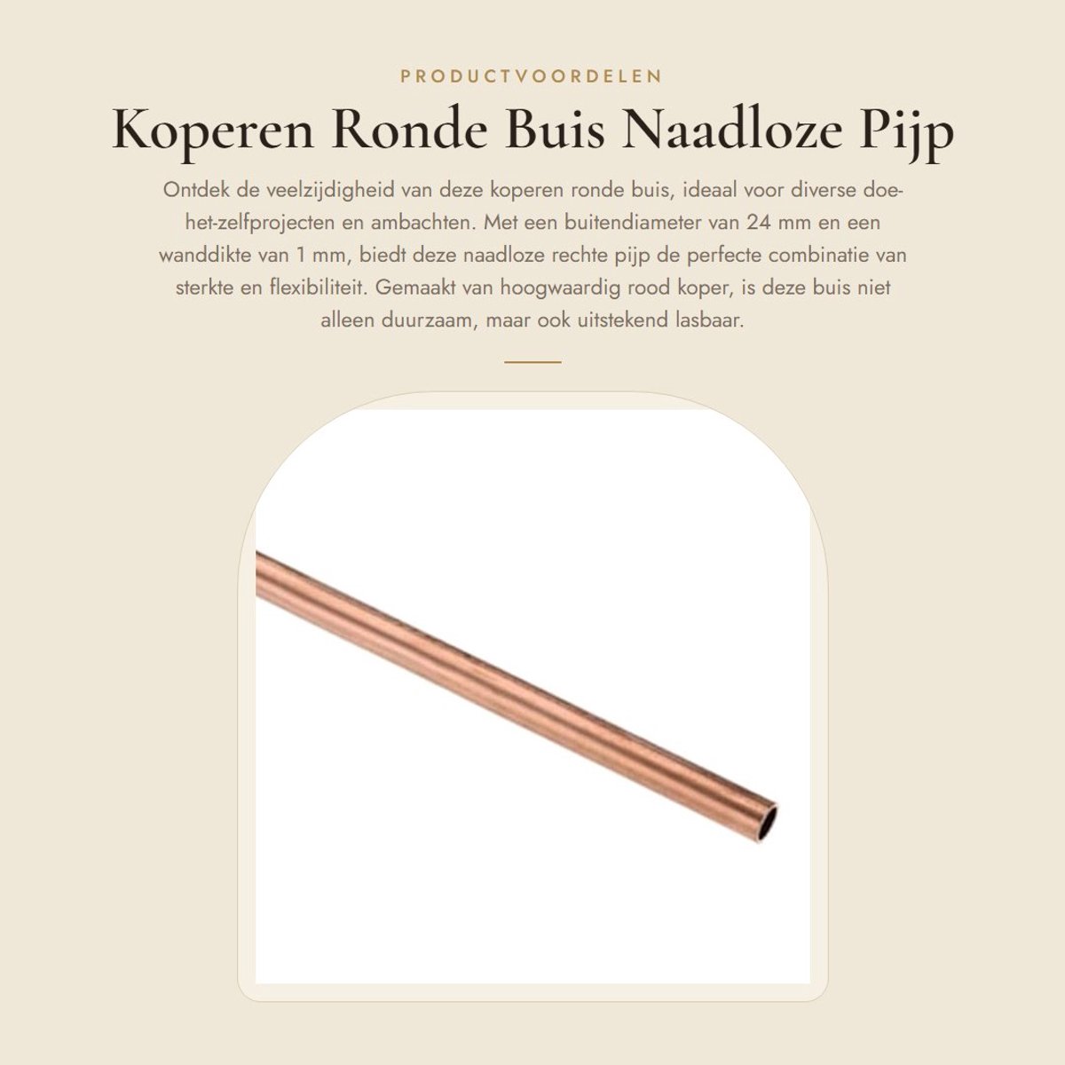 Dailygoods- Koperen Buis T2 - Naadloze Rechte Pijp - 24mm OD - 1mm Muurdikte - 300mm Lengte - Hoogwaardige Duurzaamheid