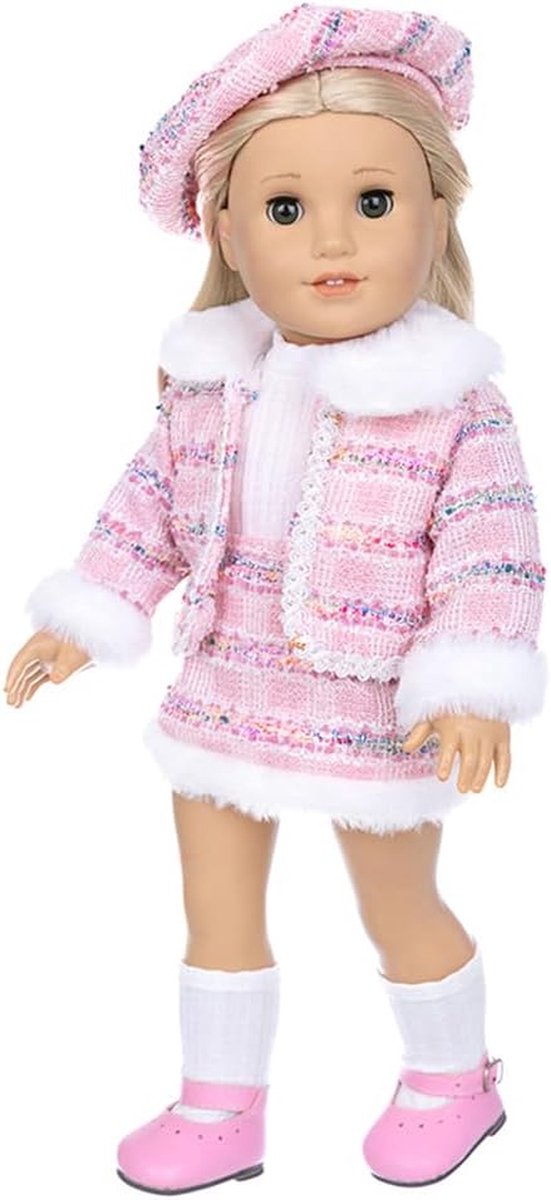Poppenkleding Winter Outfit - Tweed Pak Baret - Poppen Aankleden - Vijf Delige Set - 18 inch Pop - Roze van Merkloos — afbeelding 2