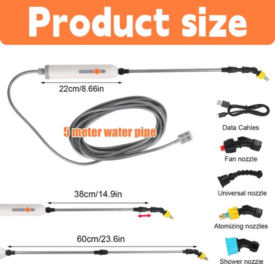 Dailygoods - Elektrische sproeistaaf, 3,7 V, elektrische plantensproeier, 4 nevelsproeiers en 5 m slang, 2 standen en oplaadbare USB, accu-drukspuit voor tuin, terras, gazon en onkruid van Dailygoods — afbeelding 2