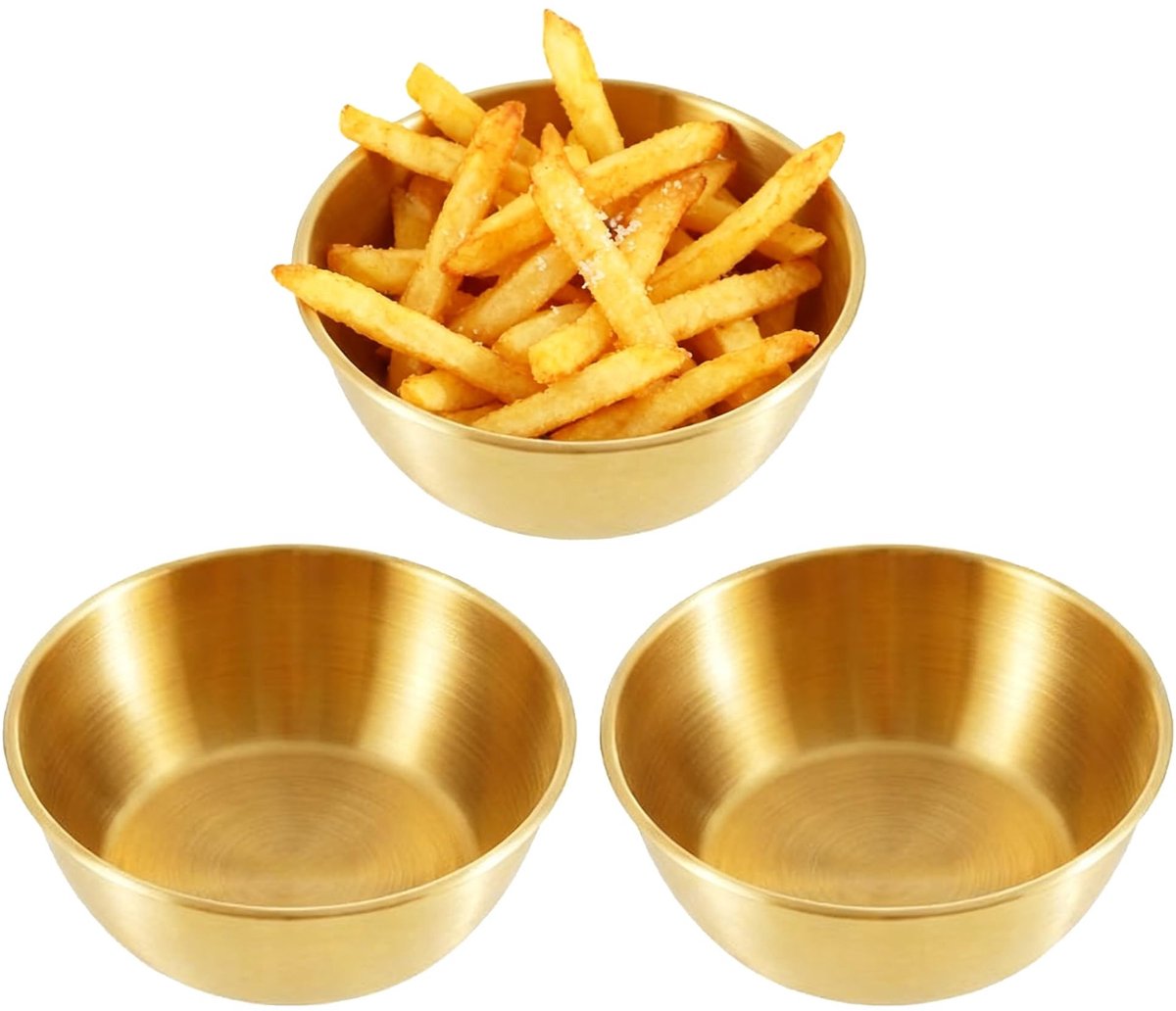 Dailygoods- Snackschalen Goudkleurig - Ronde Kom 17 cm - 3 Stuks - Roestvrij Staal - Vaatwasmachinebestendig - Stapelbaar en Duurzaam - Sausschalen