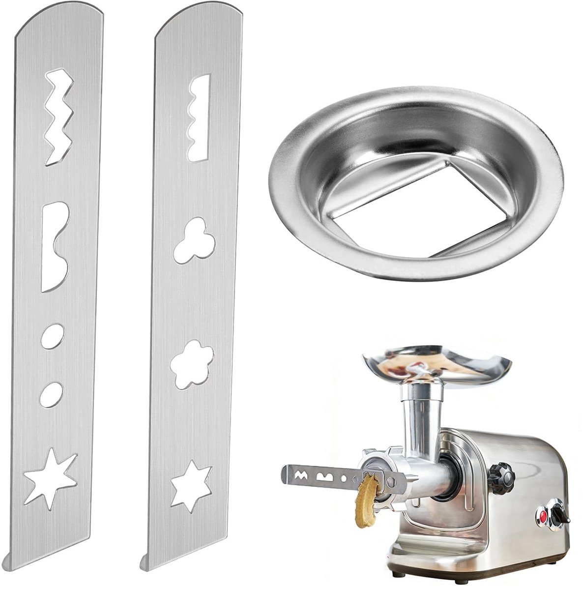 Dailygoods - Koekjespers set, 2 vormen en 1 opzetstuk voor vleesmolen, geschikt voor Mum4/Mum5 vleesmolen, bakaccessoires