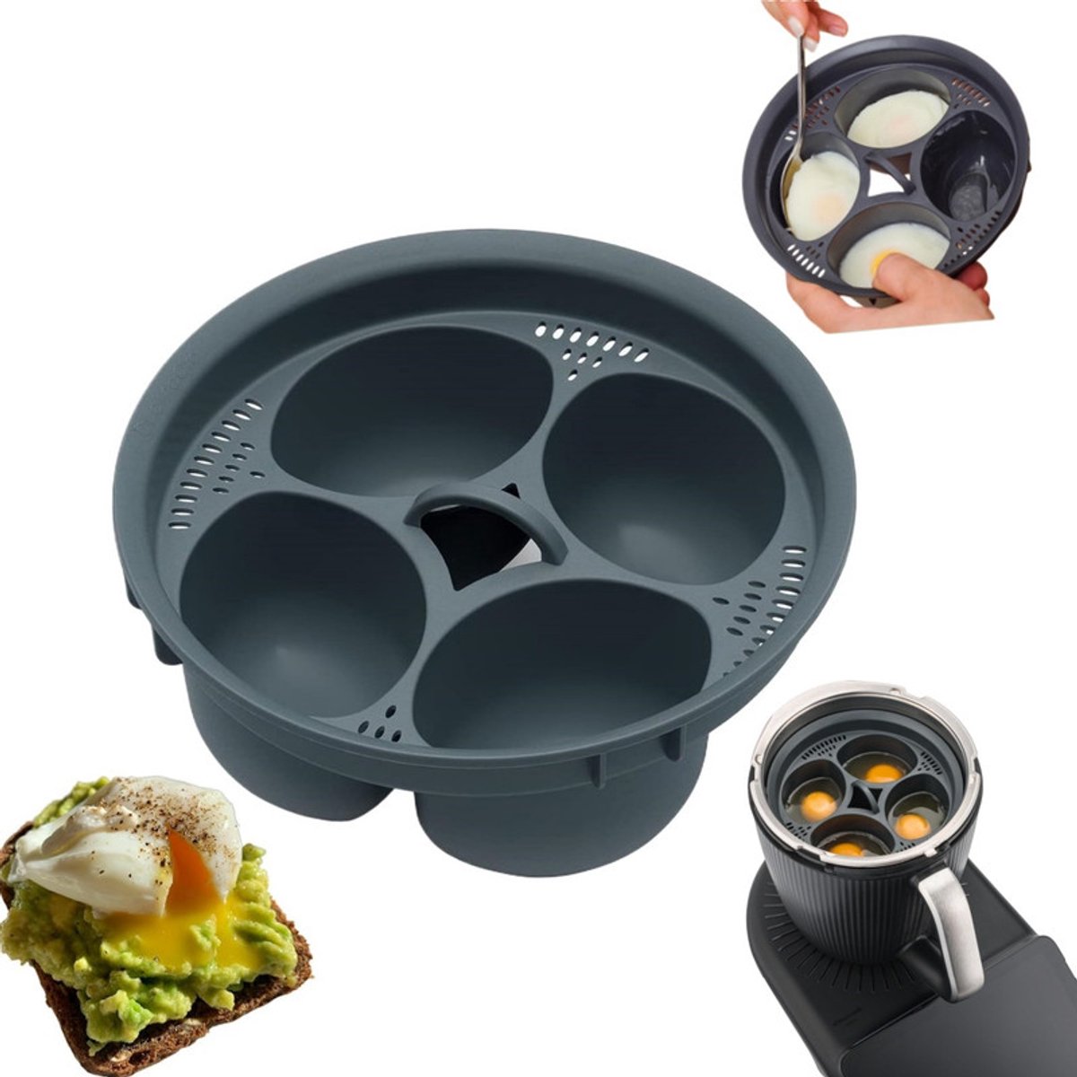 Eierkoker – Accessoire met antiaanbaklaag – Compatibel met Thermomix TM7, TM6, TM5, TM31 – Capaciteit voor 4 eieren – Multifunctionele stoominzet – Geschikt voor het bereiden van rijst, vlees, dumplings en soep