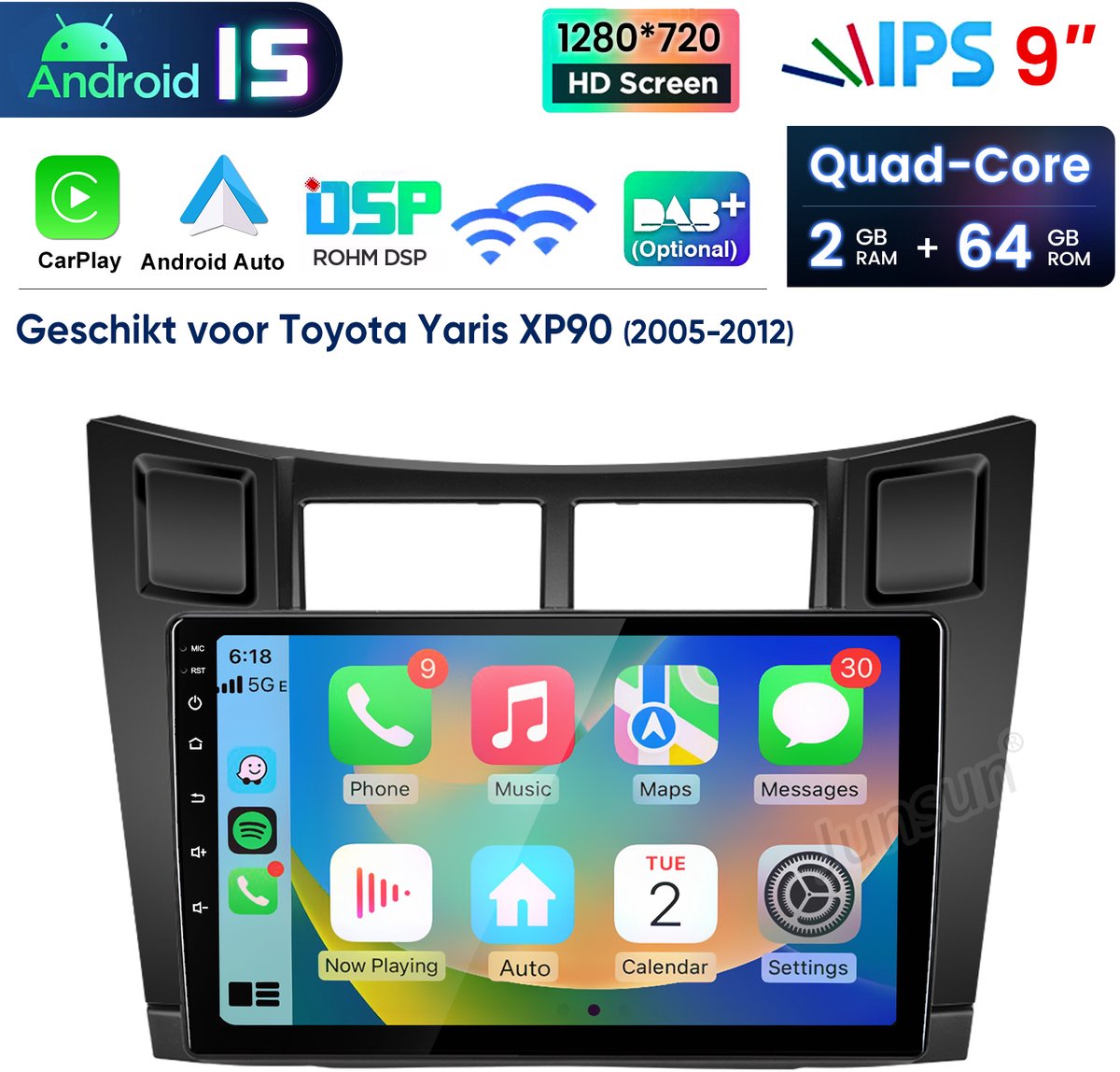 HexinexMarket - Autoradio Geschikt voor Toyota Yaris XP90 2005-2012 - Draadloos CarPlay Android Auto multimediaspeler - 2 GB+64GB