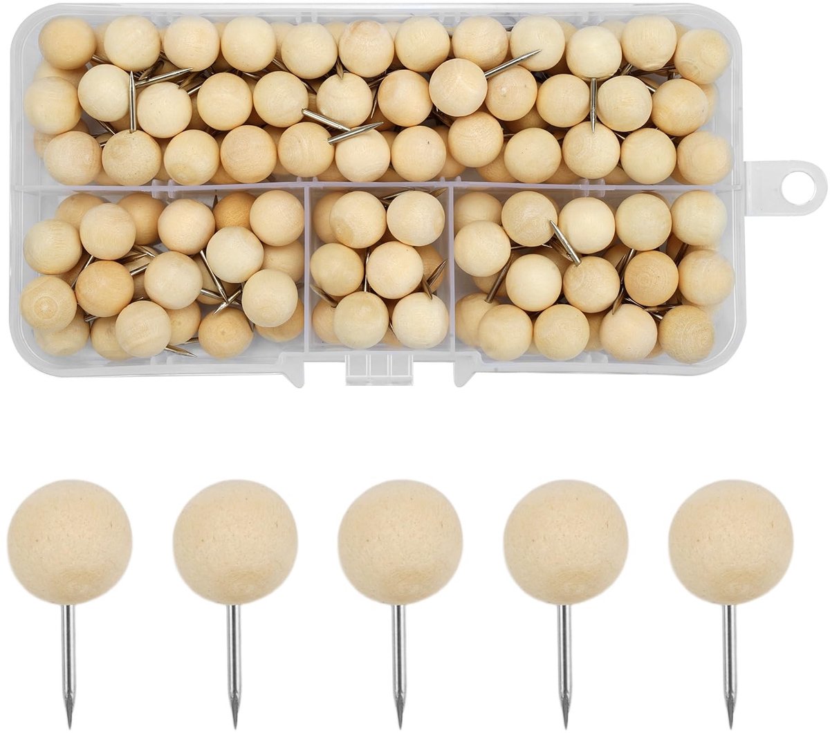 Dailygoods- Houten Punaises 130 Stuks - Natuurlijke Ronde Spijkers - Opbergdoos - Duurzaam Hout - Voor Kurkbord/Muur - Diameter 10 mm - Priknaalden