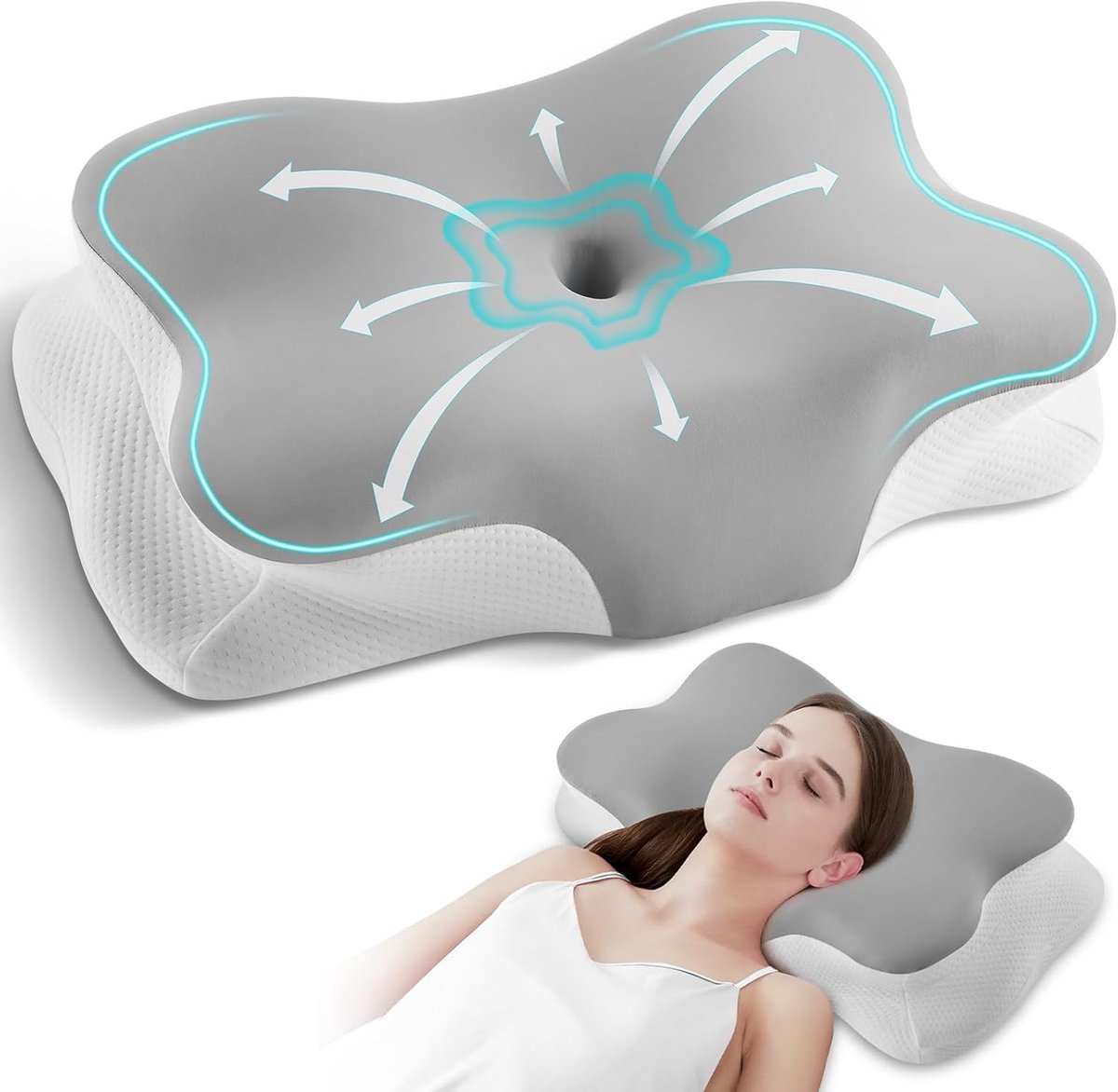 Vlindervormig Nekkussen Van Traagschuim - Ergonomisch Ontwerp - Ademende Hoes Met Langzame Terugvering - Voor Verlichting Van Nek- En Schouderpijn - Geschikt Voor Zij- Rug- En Buikslapers - Grijs & Wit