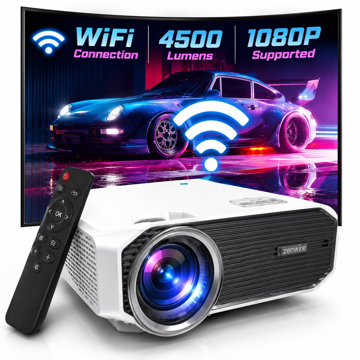 Mini Bemaer Zenwire E450S - Beamer - Mini Projector Full HD WiFi 2.4/5 Ghz Bluetooth 5.0 - 4500lm / 1500:1 / 36-150" - Focus / Keystone +/- 15­° / 360 functie