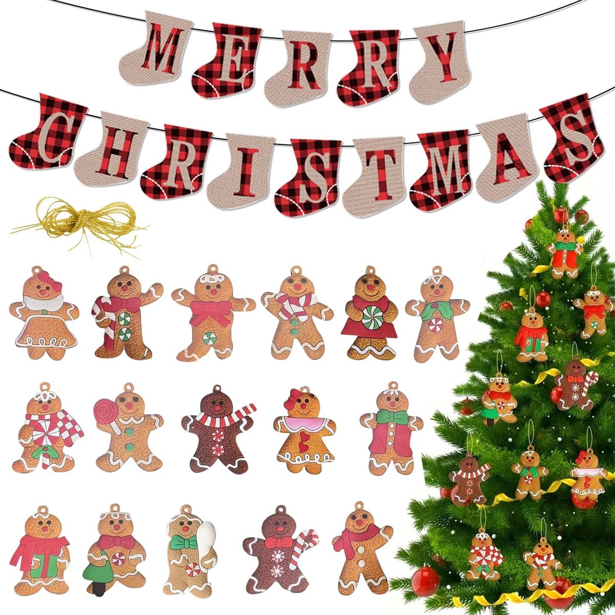 Dailygoods- Boomdecoraties 30 Stuks - Peperkoek Man Ornamenten - Sokvormige Banners 12x15 cm - Kerstboom Hanger met Touw 3 m - Doe-Het-Zelf Decoratie - Creatieve Knutselprojecten - Kerstversieringen