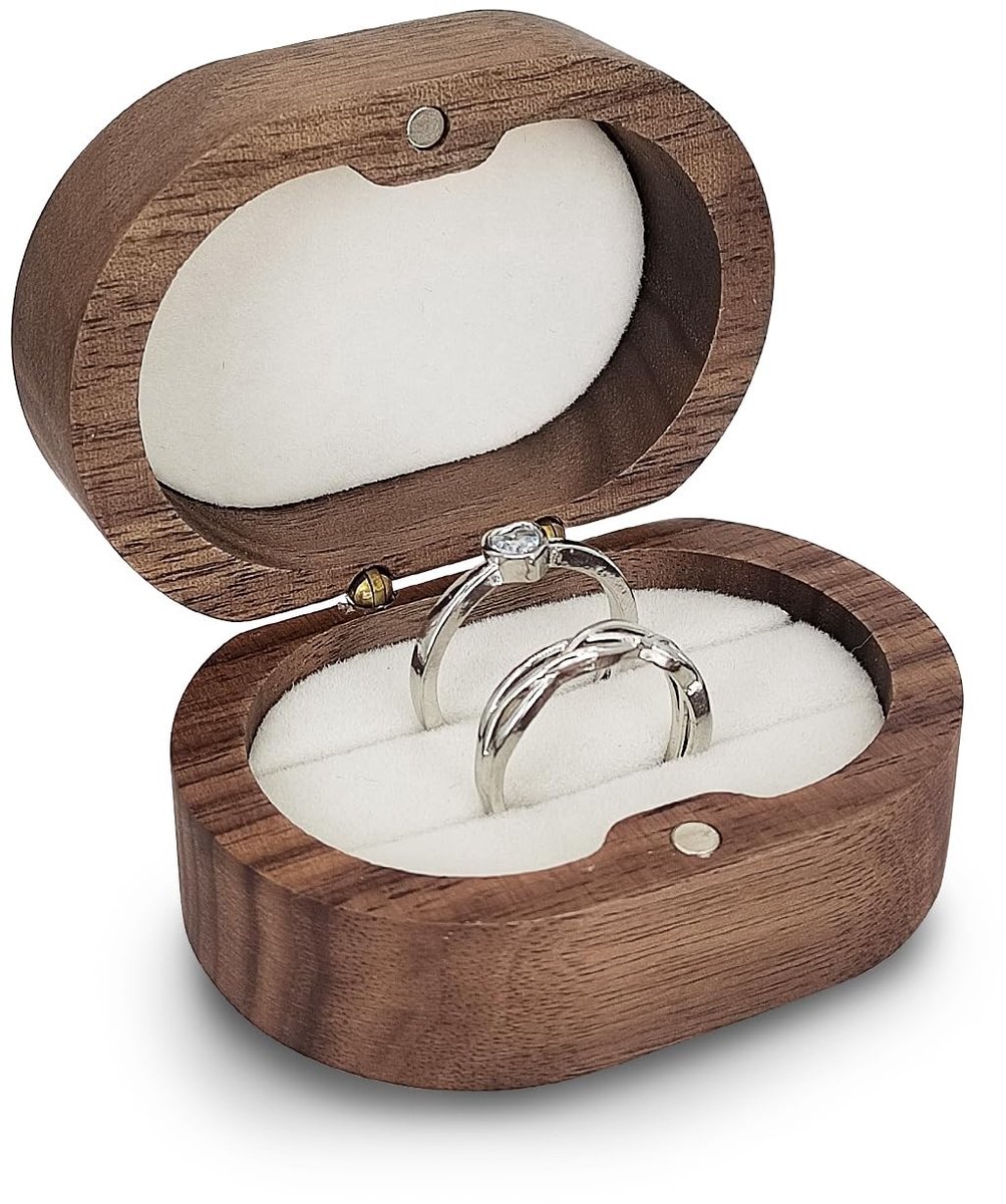 Dailygoods- Ringendoosje met 2 Sleuven - Houten Ringendoosje - Magnetische Sluiting - Ovaal Sieradenetui - Verloving/Jubileum - 7 x 5 x 3,5 cm - Sieradenbox
