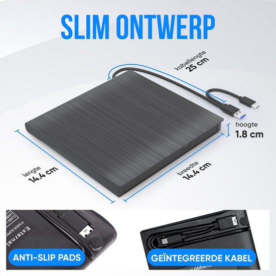 Slank ontwerp externe DVD-speler, zwart, met afmetingen 14.4x14.4x1.8 cm en kabel lengte 25 cm.