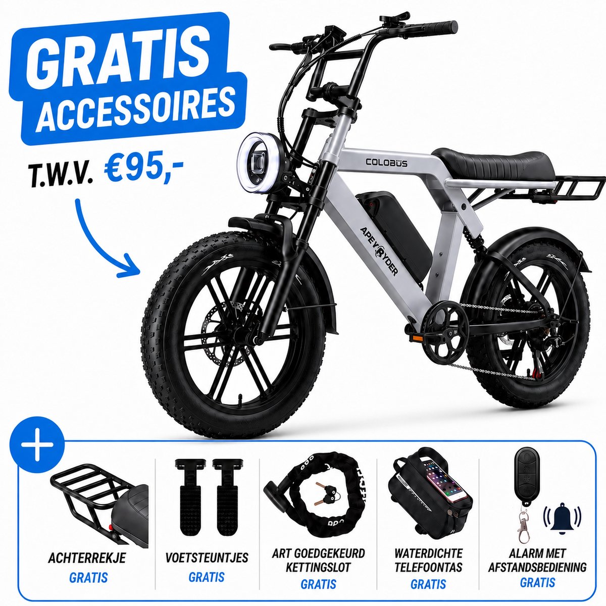 Ebikekopen.com Aperyder Colobus - Lichtgrijs - Fatbike - Incl. Slot - Kettingbeschermer - Voetensteuntje -Straatlegaal - Ebike - Elektrische Fiets - Met Accessoires