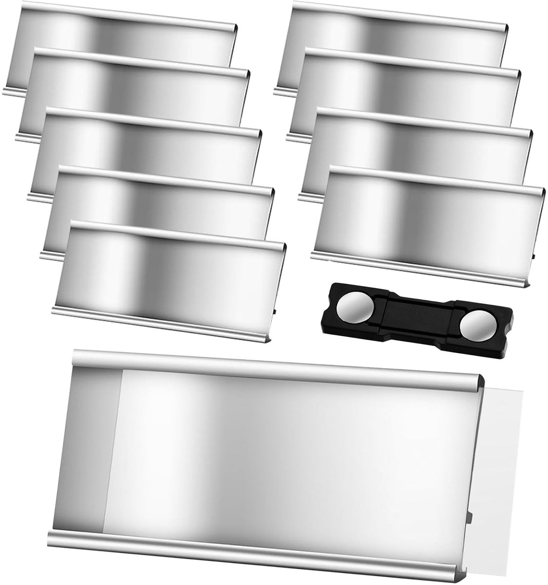 Dailygoods- Naambordjes 10 Stuks - Aluminium - Professionele Magneet - Papiergleuf - 72 x 35 mm - Zilver - Naamplaatjes