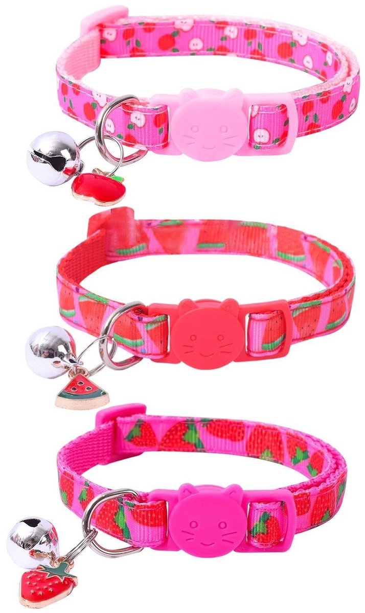 Dailygoods- Kattenhalsband 3 Stuks - Roze Kattenhalsband - Kattenhalsband met Belletje - Verstelbare Kattenhalsband - Zacht Polyester - Schattige Fruitpatronen - Huisdierhalsband