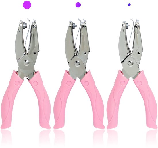 Drie perforators met roze handvatten, naast elkaar.