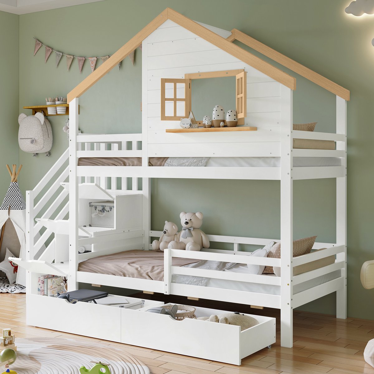 MEUNIQ Stapelbed 90x200 cm met opbergtrap, 2 bedlades, uitvalbeveiliging en raam in huisvorm voor kinderkamer, wit en naturel