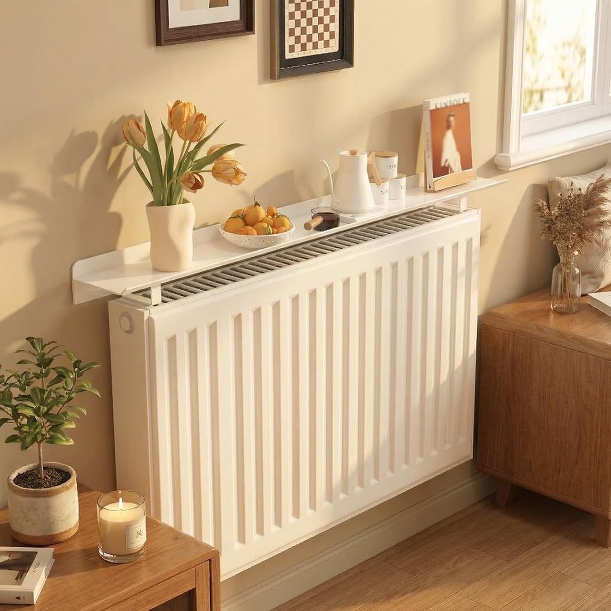 Drijvende Radiator Plank - Wandrek Badkamer - Ruimte Besparen - Zonder Boren Installatie - 30 kg Draagvermogen - Wit
