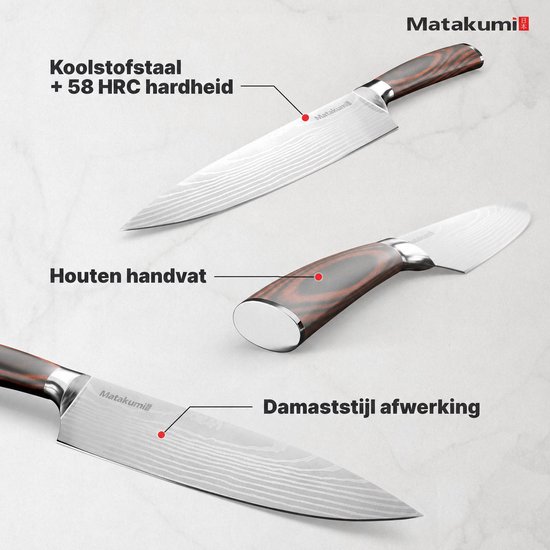 Koksmes met damastpatroon, koolstofstaal, 58 HRC hardheid, en een houten handvat.