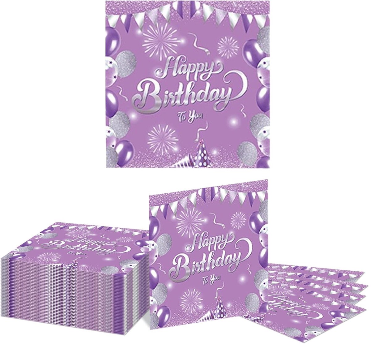 Dailygoods- Servetten 40 stuks - Papieren Servetten - Happy Birthday Thema - Paars/Zilver - 16,5cm x 16,5cm - Wegwerpdecoraties - Feestservetten