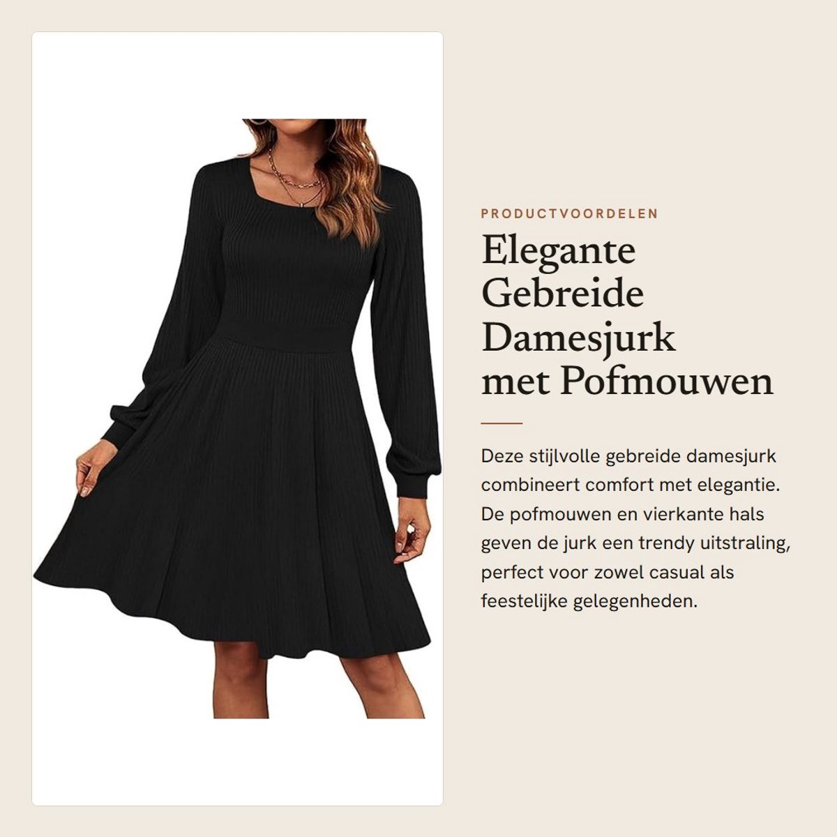 Dailygoods- Damesjurk Gebreid - Pofmouwen - Lange Mouwen - A-lijn - Mini-jurk - Comfortabel Materiaal - Trui-jurk