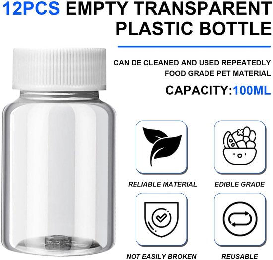12 Stuks Juice Bottles - 100 ml Herbruikbare PET Flessen met Deksel voor Sap - Plastic Milk Bottle voor Sap en Waterdranken - Witte Flessen van Houssy. — afbeelding 4