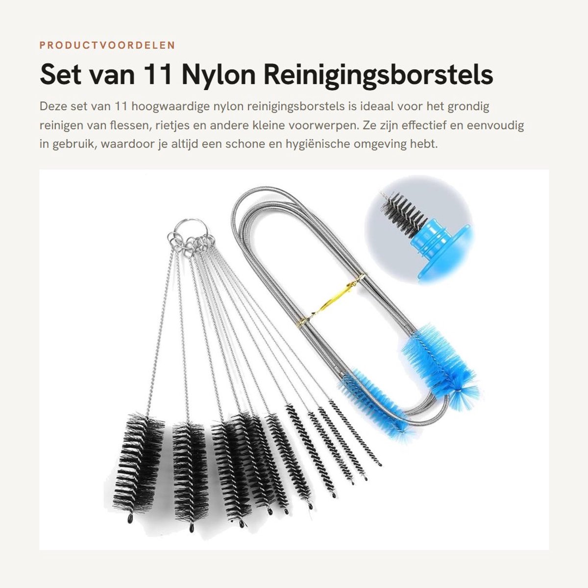 Dailygoods- Reinigingsborstel 11 stuks - Dubbelzijdige Flexibele Buisborstel - Nylon Rietj
