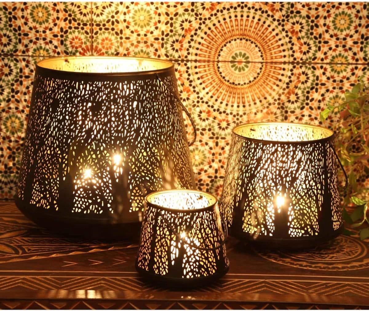 Windlichten Set - Oosterse Decoratie - Sfeerverlichting Creëren - Handgemaakt Metaal - 3 Stuks - Zwart Goud