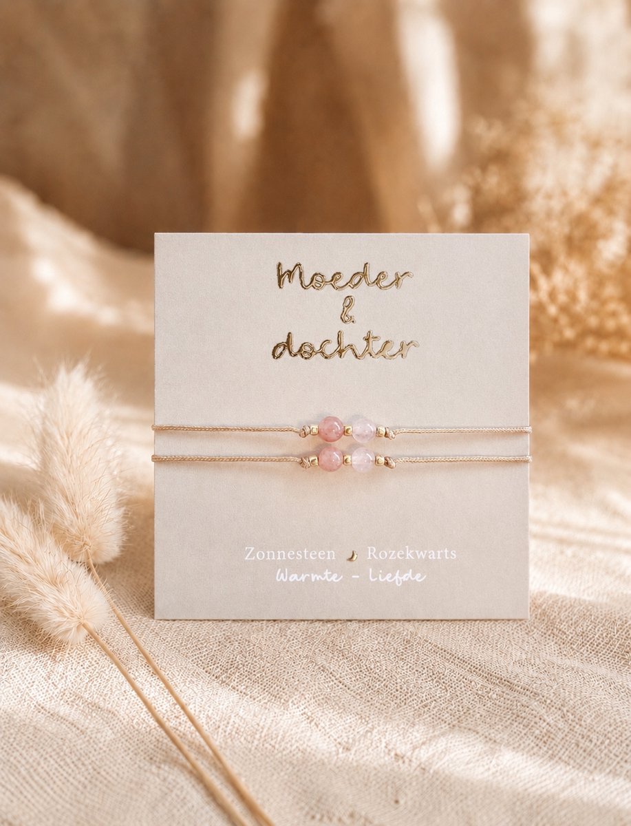 Armbandje edelstenen met Kaartje - Moeder en Dochter - Zonnesteen Rozekwarts - Warmte Liefde - Cadeautip - Moederdag cadeau - Moeder cadeau - Mama cadeau - Dochter cadeau