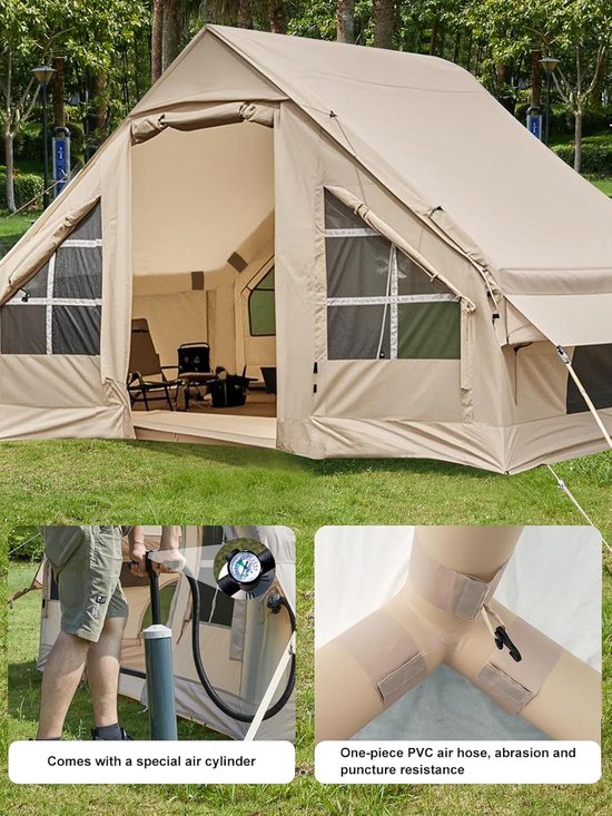 Opblaasbare Kampeertent 4-6 Personen - Familietent met Luifel - Inclusief Handpomp - Waterdicht - Windbestendig - Dubbele Deuren - Glampingtent voor Camping en Outdoor — afbeelding 5
